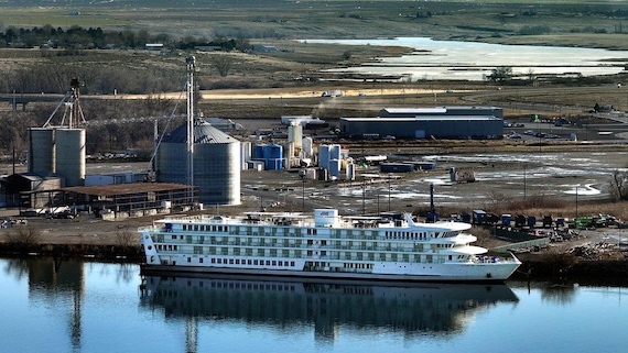The American Song, part of the American Cruise Lines river cruise fleet, is docked on the Snake River at the Port of Walla Walla high dock facility in Burbank. (Bob Brawdy photo)
