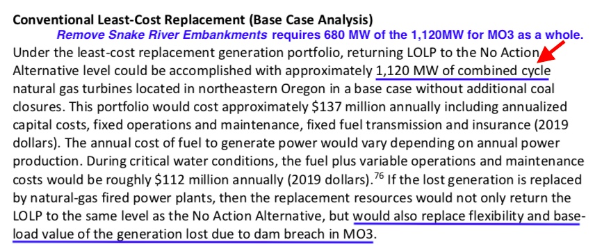 CRSO excerpt: If the lost generation is replaced by natural-gas fired power plants, then the replacement resources would not only return the LOLP to the same level as the No Action Alternative, but would also replace flexibility and base-load value of the generation lost due to dam breach in MO3.