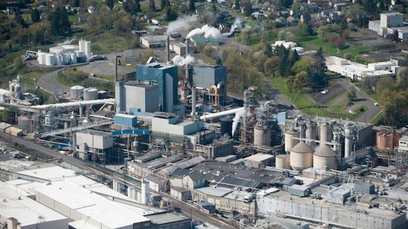 Aerial view of the Georgia Pacific paper mill in Camas Thursday March 26, 2015. (Natalie Behring/The Columbian)