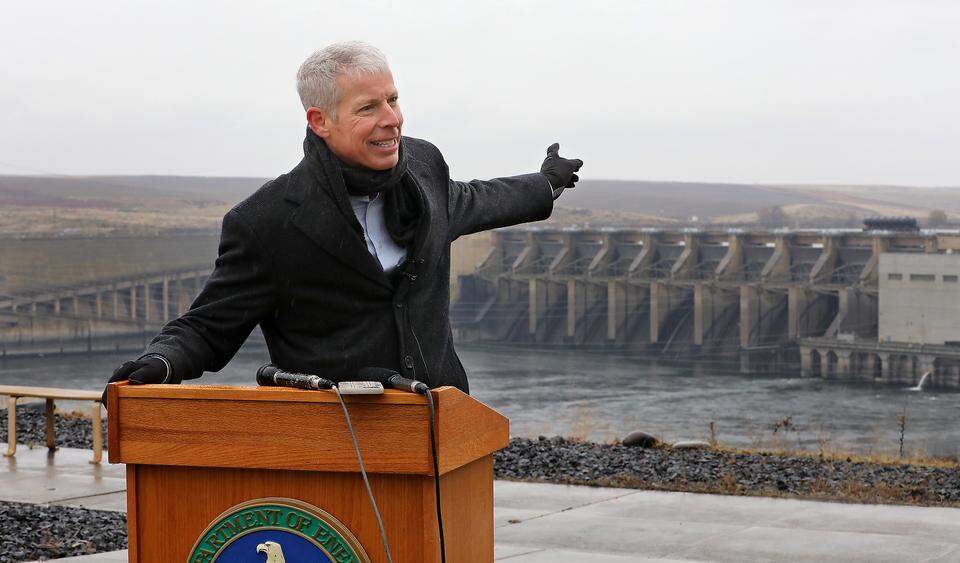 U.S. Secretary of Energy Chris Wright expresses the administration's support for the hydroelectric power generated by the Lower Snake River Dams during a visit to the Ice Harbor Dam in Walla Walla County. (Bob Brawdy photo)
