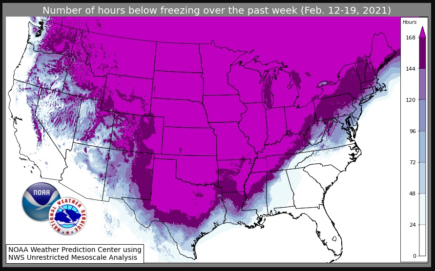 Map graphic: Number of hours below freezing over the past week February 12-19, 2021. (By Greg Carbin / National Weather Service / National Oceanic and Atmospheric Administration
