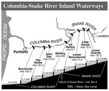 Columbia/Snake River System for barge navigation (ACOE graphic).
