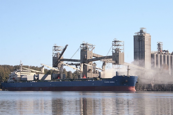 A dry bulk vessel is loaded with wheat at the Columbia Grain facility in Portland, Ore., bound for South Korea. Grain volumes at the Port of Portland, where the export facility is located, have fallen 50% due to lingering drought impacts from last year.