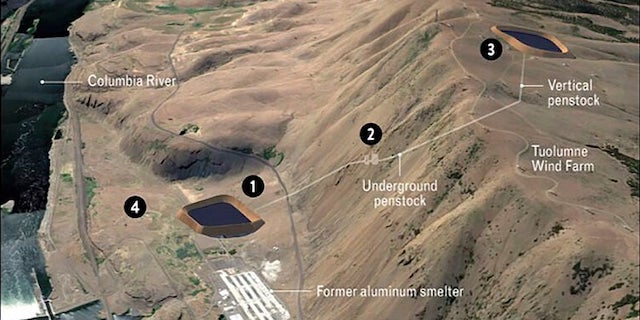 A drawing shows the proposed layout of the Goldendale Energy Storage Project in south-central Washington. (Courtesy Rye Development)