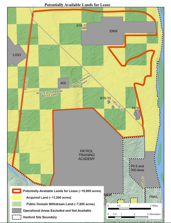 The Department of Energy released this map showing the location of 19,000 acres at the Hanford nuclear reservation proposed for clean energy generation leases. Department of Energy