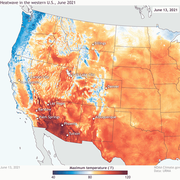 Map graphic: Daytime high temperatures across the western United States on June 13–19*, 2021, according to data from NOAA's Real-Time Mesoscale Analysis (RTMA). Temperatures reached over 115°F in parts of the Southwest. Climate.gov animation based on NOAA RTMA data.