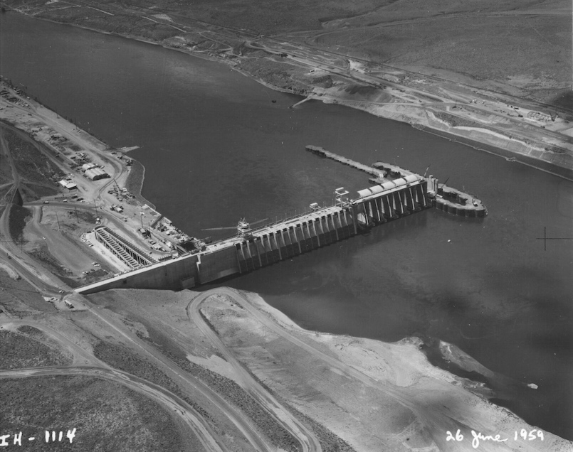 Construction proceeds on Ice Harbor Dam on the Snake River on June 26, 1959.