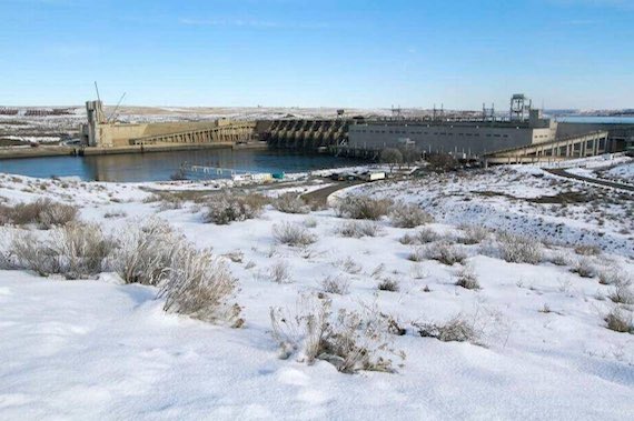 Ice Harbor Lock and Dam is shown on a snowy day in February. An unusually harsh winter added to the challenges of work during a maintenance outage for Snake and Columbia river dam locks that started Dec. 12. (Bob Brawdy photo)