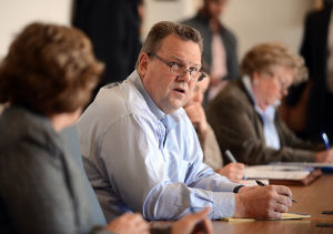 (Brenda Ahern) Sen. Jon Tester, D-Mont., speaks with Columbia Falls officials and members of the public on Tuesday at City Hall.