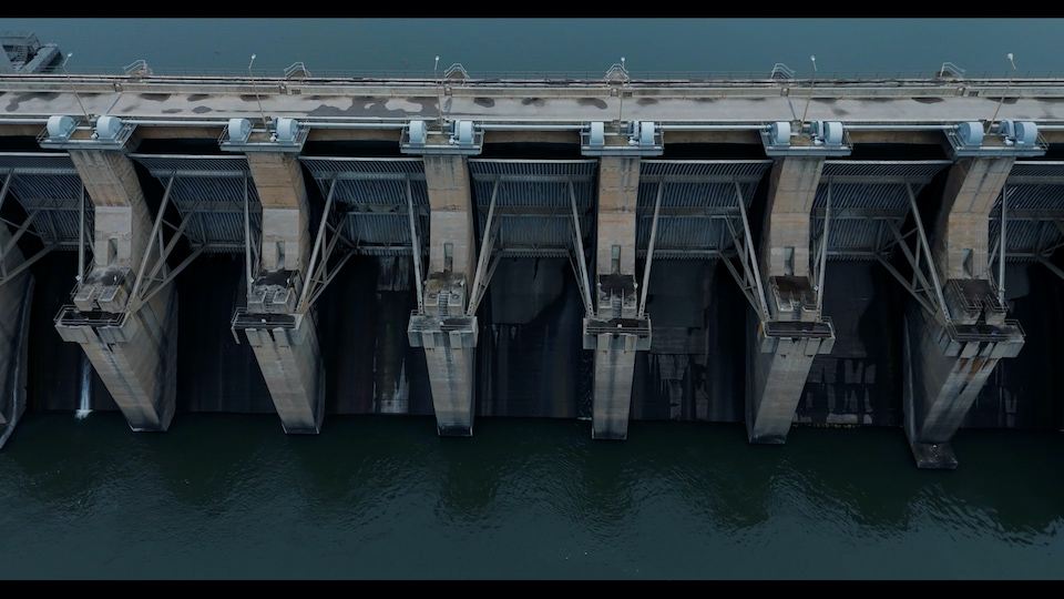 A drone captures this picture of a Lower Snake River dam's spillway. Courtesy: Scott Levy (Film Still from <b><i>The Snake and the Whale</i></b>)