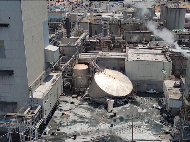The tank that imploded and then ruptured at the Longview mill sent hundreds of thousands of gallons of 'white liquor' -- a toxic chemical solution -- into the mill site. (photo Unified Command)