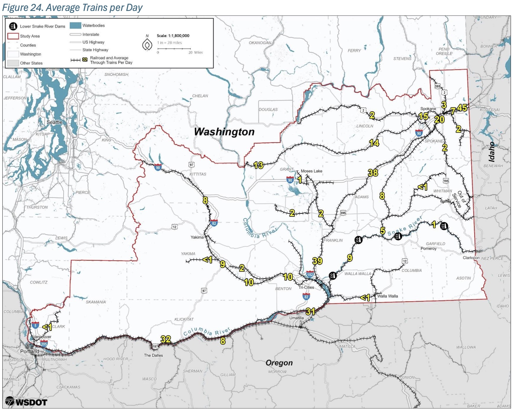 Map: Figure 24 - Average Trains per Day in Washington State, Lower Snake River region. (Washington Department of Transportation, Dec 2024 Lower Snake River Dam Transportation Study)