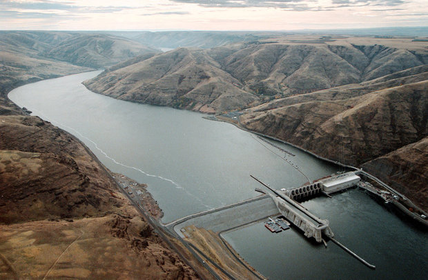 Lower Granite Dam inundates the Lower Snake River with a reservoir extending nearly forty miles to the Idaho border.