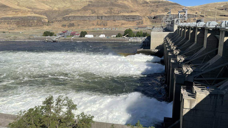 Lower Monumental Dam on the Snake River near Kahlotus spills water to benefit juvenile salmon.