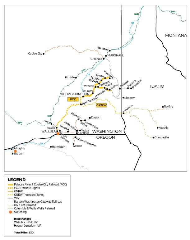 Map: Palouse River and Coulee City Railroad track ownership and trackage rights.  Other railtracks are also in this map.
