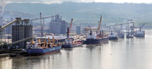 Seen from the Lewis and Clark Bridge, the docks at the Port of Longview have been bustling with activity this spring. Photo taken in late April when there were actually seven ships berthed at the Port of Longview.