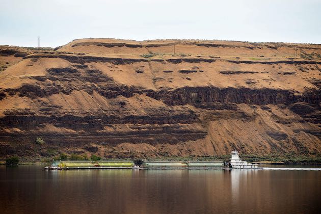 A grain barge on the Columbia River. The Morrow County Grain Growers facility in Boardman, Ore., is breaking ground on an expansion project that will allow more grain to be transferred from railcars to barges for the trip to downriver export ports.
