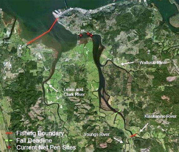 The SAFE net pen fishing area in Youngs Bay provides salmon for local dinner tables, while minimizing fishing pressure on salmon in the Columbia's mainstem. (Bonneville Power Administration)