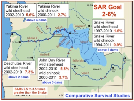 Map: Smolt to Adult Ratios (SAR) vary throughout the Columbia River Basin, where SAR values less than 2.0 correspond to shrinking populations.