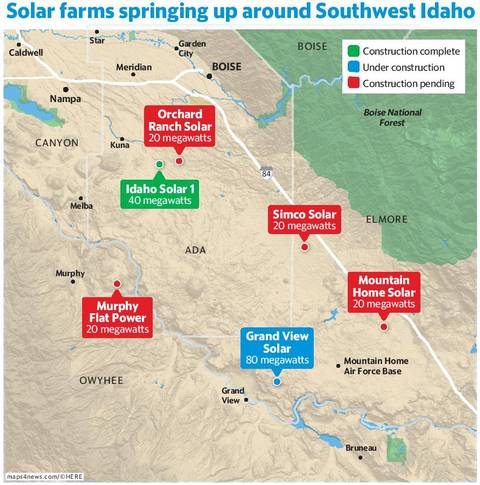 Map: Solar power installations in SW Idaho have just begun in 2016.