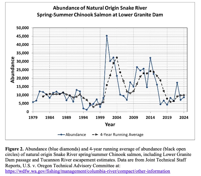 (Graphic) that puports an exponentially increasing trend for Snake River Spring Chinook (NOAA Fisheries).