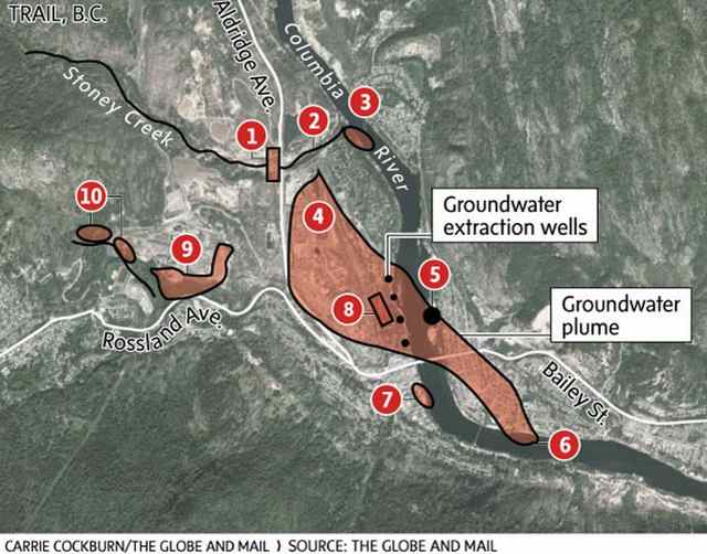 Map of Teck Metals pollution that is flowing into the Columbia River near the USA / Canada border. (Carrie Cockburn / The Globe and Mail)