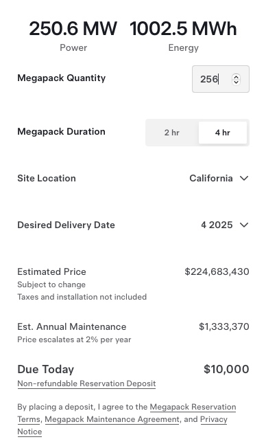 Pricing for Tesla Megapacks (as of March 2025)
