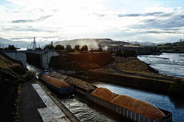 The Kathryn B passes through the locks at The Dalles Dam just after sunrise on June 8, 2012.