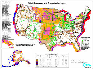 Map: USA Wind Resources and Transmission LInes