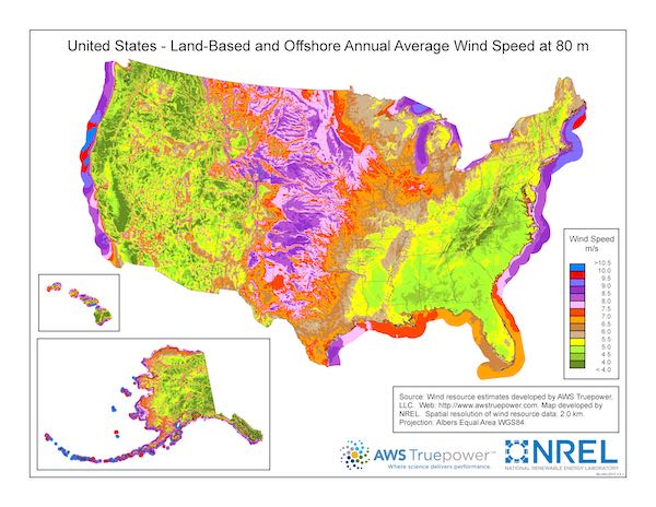Map: U.S. 80-m wind resource in the United States for both land and offshore locations.
