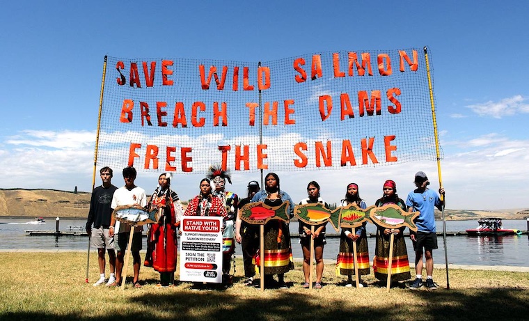 The Yakama Nation and the Confederated Tribes of the Umatilla Indian Reservation called for a comprehensive strategy to save salmon during a gathering on the Snake River Tuesday at Fishhook Park. (Kylin Brown Courtesy photo)