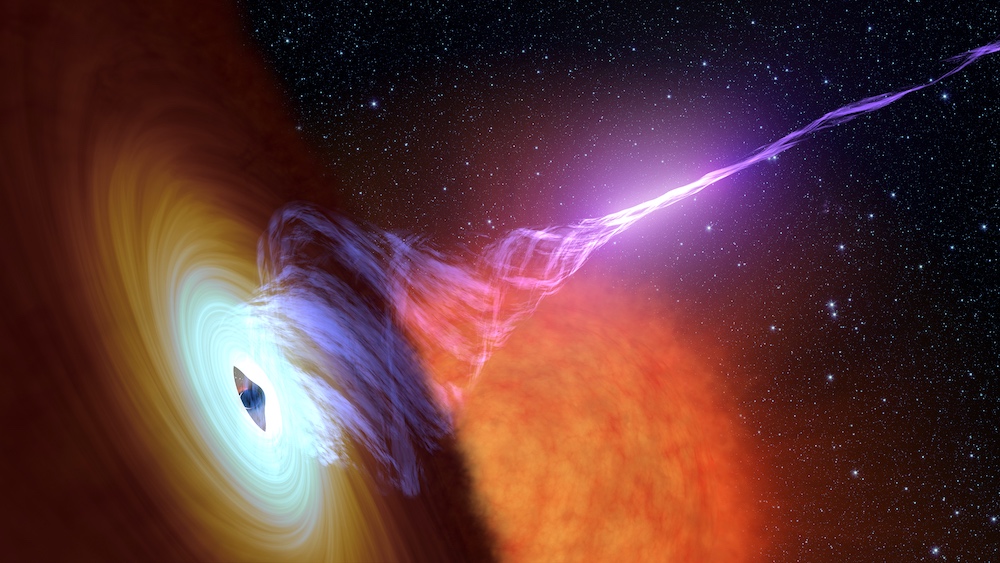 An artist's depiction of a black hole releasing jets. (Image credit: NASA/JPL-Caltech)