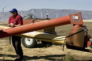 (Ross William Hamilton photo) Wind-turbine props await attachment at Portland General Electric's Biglow Canyon wind farm, a 25,000-acre plot where it hopes to generate enough energy to supply 100,000 homes by 2010.