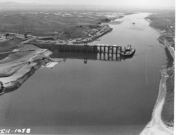 Ice Harbor dam under construction in the early 1960s on the Lower Snake River in remote southeastern Washington State.