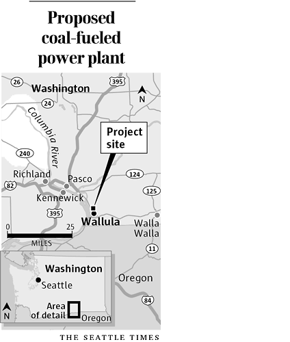 Map: Proposed coal-fueled power plant near Wallula, downstream of Pasco and the Columbia Snake confluence.