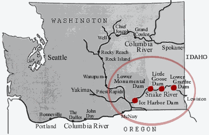 Map showing location of 4 lower Snake River dams and reservoirs being considered for removal