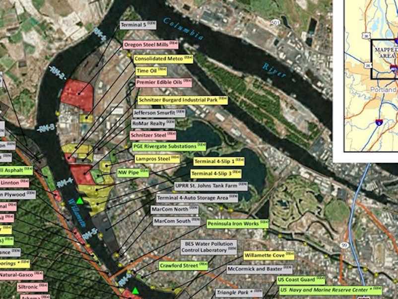 Map of Willamette Superfund cleanup area including responsible parties.