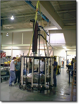 'Seadog,' INRI's wave pump, is prepared for testing at Texas A&M University's Offshore Technology Research Center.