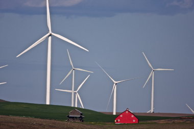 Wind turbines in rural countryside of the Pacific Northwest.